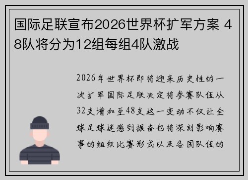 国际足联宣布2026世界杯扩军方案 48队将分为12组每组4队激战