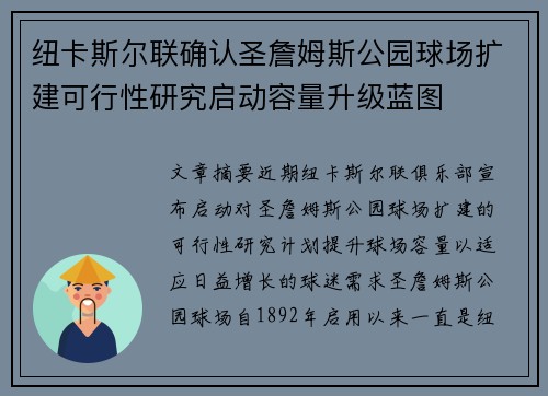 纽卡斯尔联确认圣詹姆斯公园球场扩建可行性研究启动容量升级蓝图 纽卡斯尔联确认圣詹姆斯公园球场扩建可行性研究启动容量升级蓝图
